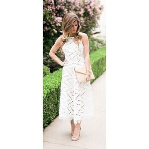 Line + Dot White High Neckline Eyelet Midi Dress, Small